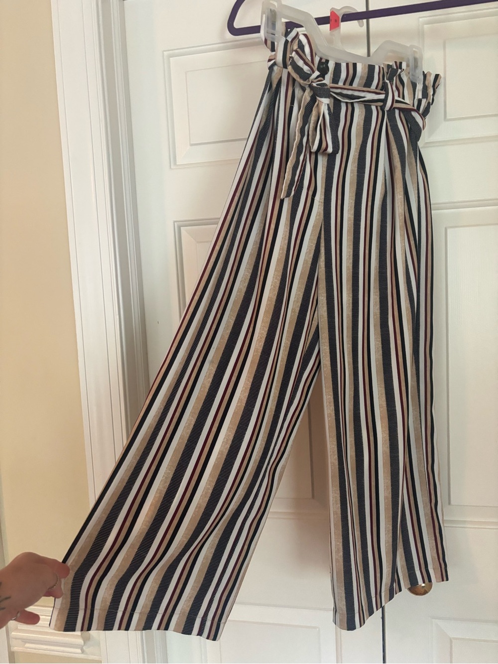 stradivarius Navy, Cream & Brown Striped Paperbag Wide-Leg Pants